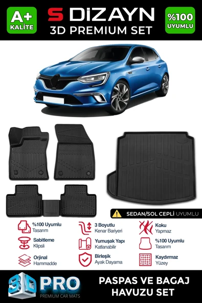S-Dizayn Renault Megane 4 Sedan 3D Pro Havuzlu Paspas ve Sol Kulak Paspas Bagaj Havuzu Seti (2'li SET)  2016-2021 A+ Kalite ürün görseli 1