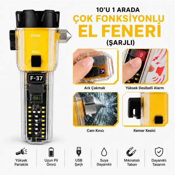 Çok Fonksiyonlu Güçlü Işıklı El Feneri Cam Kırıcı Kemer Kesici Alarm Çakmak Özellikli Fener ürün görseli 1