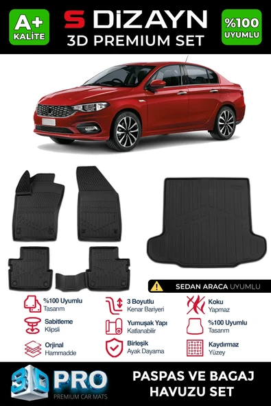 S-Dizayn Fiat Egea Sedan 3D Pro Havuzlu Paspas ve Bagaj Havuzu Seti (2'li SET) 2015 Üzeri A+ Kalite ürün görseli 1