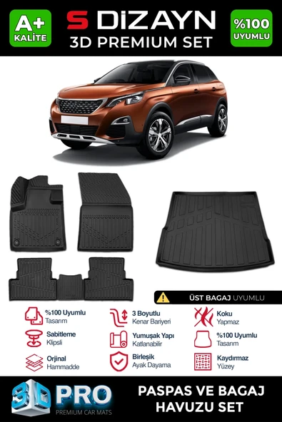 S-Dizayn Peugeot 3008 3D Pro Havuzlu Paspas ve Üst Bagaj Havuzu Seti (2'li SET)  2016-2023 A+ Kalite ürün görseli 1