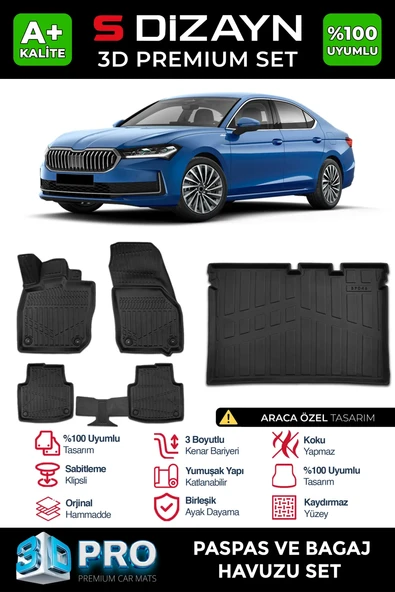 S-Dizayn Skoda SuperB 3D Pro Havuzlu Paspas ve Bagaj Havuzu Seti (2'li SET) 2024 Üzeri A+ Kalite ürün görseli 1