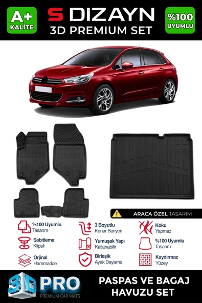 S-Dizayn Citroen C4 3D Pro Havuzlu Paspas ve Bagaj Havuzu Seti (2'li SET) 2010-2018 A+ Kalite ürün görseli 1