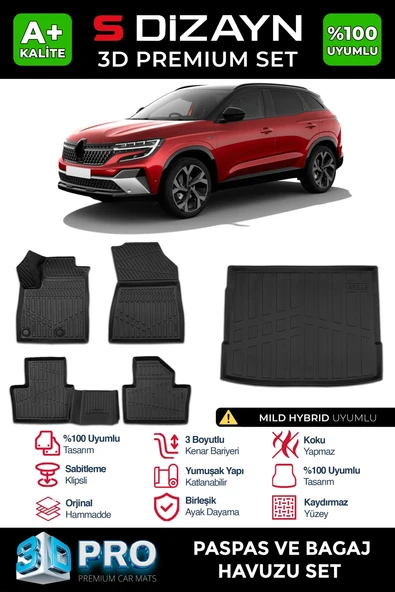 S-Dizayn Renault Austral Mild Hybrid 3D Pro Havuzlu Paspas ve Bagaj Havuzu Seti (2'li SET) 2023 Üzeri A+ Kalite ürün görseli 1
