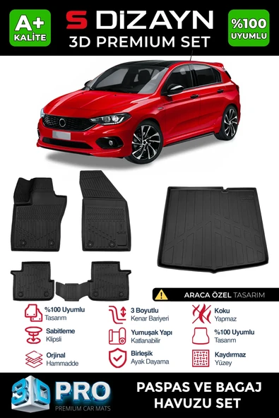S-Dizayn Fiat Egea HB 3D Pro Havuzlu Paspas ve Bagaj Havuzu Seti (2'li SET) 2015 Üzeri A+ Kalite ürün görseli 1