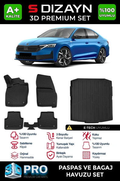 S-Dizayn Skoda Octavia 4 A8 E-Tech 3D Pro Havuzlu Paspas ve Bagaj Havuzu Seti (2'li SET) 2024 Üzeri A+ Kalite ürün görseli 1