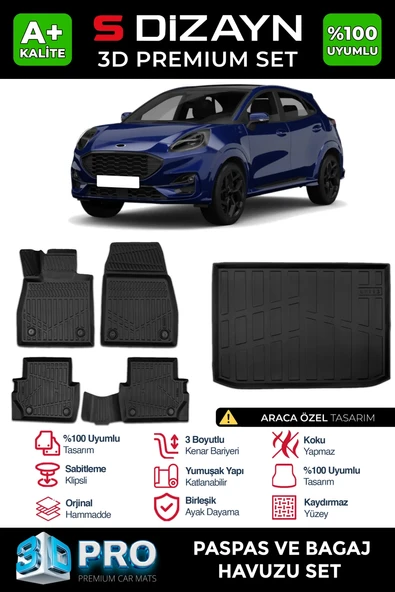 S-Dizayn Ford Puma 3D Pro Havuzlu Paspas ve Bagaj Havuzu Seti (2'li SET) 2019 Üzeri A+ Kalite ürün görseli 1