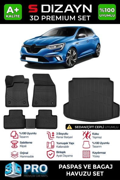 S-Dizayn Renault Megane 4 Sedan 3D Pro Havuzlu Paspas ve Çift Kulak Bagaj Havuzu Seti (2'li SET)  2016-2021 A+ Kalite ürün görseli 1