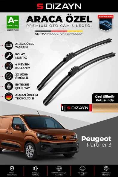 S-Dizayn Peugeot Partner 3 Ön Cam Silecek Seti 2018 Üzeri Premium Araca Özel 65-43 Cm  A+ Kalite ürün görseli 1