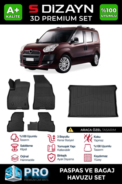 S-Dizayn Fiat Doblo Geniş Aile 3D Pro Havuzlu Paspas ve Bagaj Havuzu Seti (2'li SET) 2010-2022 A+ Kalite ürün görseli 1