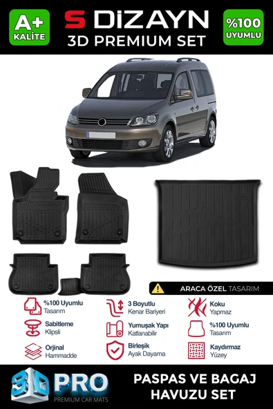 S-Dizayn VW Caddy 3D Pro Havuzlu Paspas ve Bagaj Havuzu Seti (2'li SET) 2010-2015 A+ Kalite ürün görseli 1