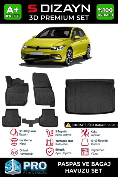 S-Dizayn VW Golf 8 Otomatik 3D Pro Havuzlu Paspas ve Üst Bagaj Havuzu Seti (2'li SET) 2021-2024 A+ Kalite ürün görseli 1