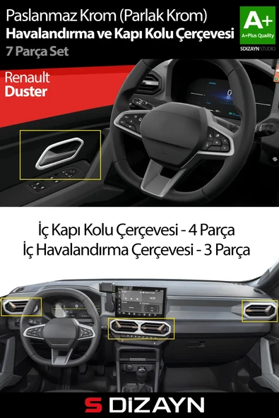 S-Dizayn Renault Duster Krom Havalandırma ve İç Kapı Kolu Çerçevesi 7 Prç. 2024 Üzeri (Parlak Krom) A+ Kalite ürün görseli 1