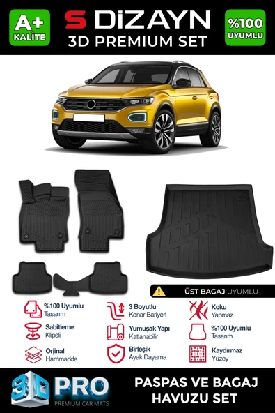 S-Dizayn VW T-Roc 3D Pro Havuzlu Paspas ve Üst Bagaj Havuzu Seti (2'li SET) 2019-2021 A+ Kalite ürün görseli 1