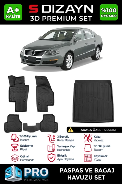 S-Dizayn VW Passat B6 3D Pro Havuzlu Paspas ve Bagaj Havuzu Seti (2'li SET) 2005-2010 A+ Kalite ürün görseli 1