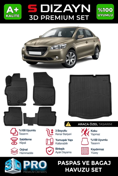 S-Dizayn Peugeot 301 3D Pro Havuzlu Paspas ve Bagaj Havuzu Seti (2'li SET) 2013 Üzeri A+ Kalite ürün görseli 1