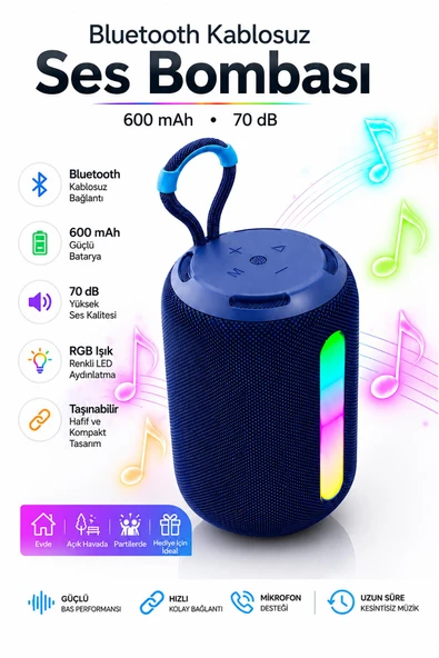 Şarjlı Taşınabilir Mavi Bluetooth Hoparlör RGB LED Işıklı Güçlü Ses Bombası USB Type-C Kablosuz ürün görseli 1
