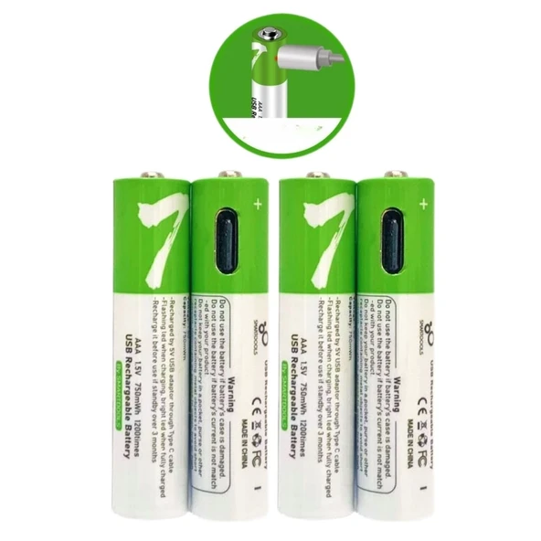 Type-C ile Şarjolabilen 4 lü AAA 1.5V Lityum İnce Şarjlı Kalem Pil 750 mAH Uzun Ömürlü ürün görseli 1