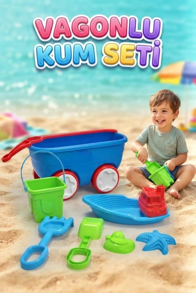 Çekçek Vagonlu Kum Seti - Plajda Eğlenceye Hazır Ol 6 Parça Eğitici Renkli Kum Oyun Seti ürün görseli 1