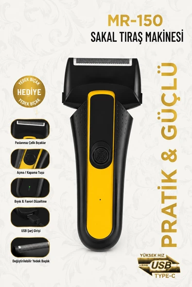 Jasper Mr-150 Sarı Şarjlı Yedek Başlıklı Sakal Tıraş Makinesi Erkek Kişisel Bakım Sinekkaydı Tıraş ürün görseli 1
