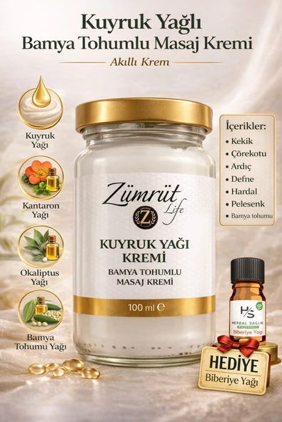 Kuyruk Yağı Kremi Bamya Tohumlu Masaj ve Bakım Kremi 100 ml + Hediye Biberiye Yağı ürün görseli 1