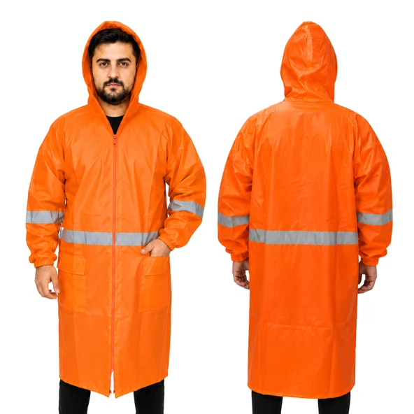 (1 Adet) Neon Reflektörlü  Turuncu Renk XL Beden Fermuarlı Uzun Pardesü Yağmurluk Yağmurluk ürün görseli 1