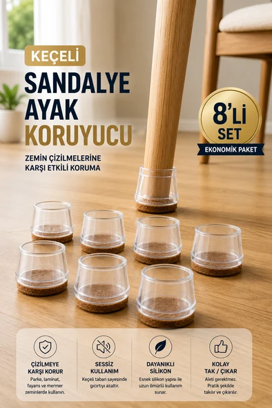 8’li Keçeli Şeffaf Silikon Sandalye Ayak Koruyucu | Sessiz Zemin Çizmez L Beden 30mm ürün görseli 1