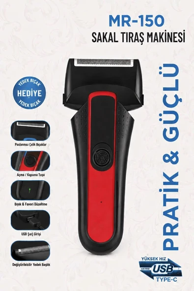 Jasper Mr-150 Kırmızı Şarjlı Yedek Başlıklı Sakal Tıraş Makinesi Erkek Kişisel Bakım Sinekkaydı Tıraş ürün görseli 1