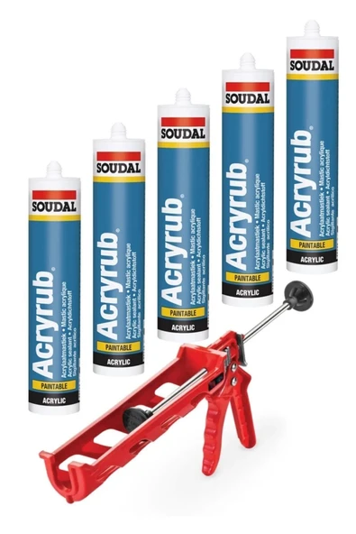 Soudal Silikonize Mastik, Acryrub Dolgu Mastiği Beyaz 450 Ml, 5 Adet + Silikon Tabancası ürün görseli 1
