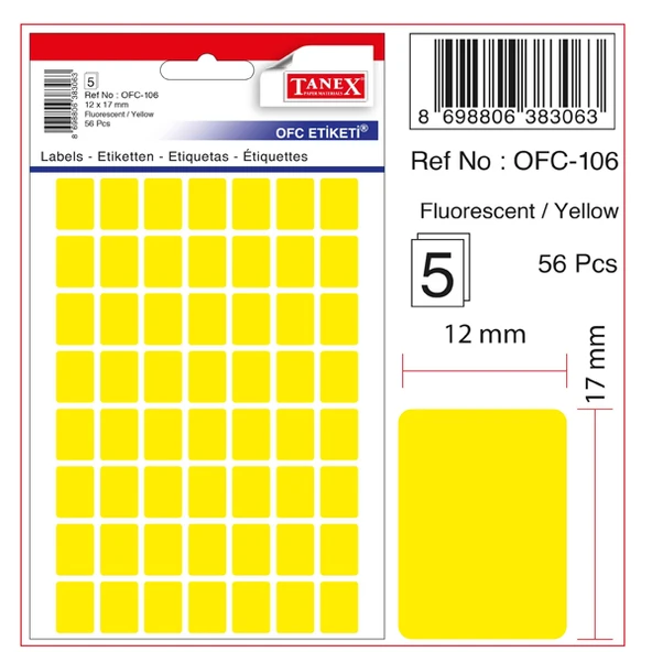 Tanex Ofis Etiketi Poşetli 12x30 Mm Fosforlu Sarı (10 paket)OFC-107 ürün görseli 1