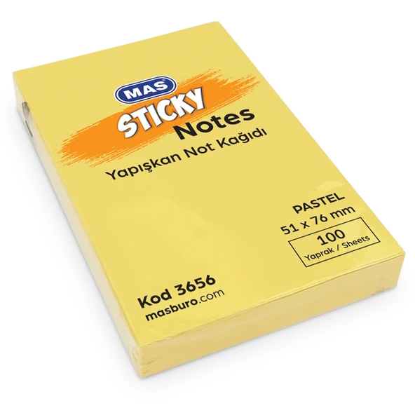 Mas Yapışkanlı Not Kağıdı 100 SY 51x76 Pastel Sarı  (12 Koçan) 3656 ürün görseli 1