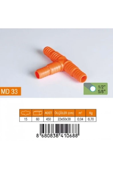 1/2"-5/8" T Hortum Eki Plastik Turuncu Md33 ürün görseli 1