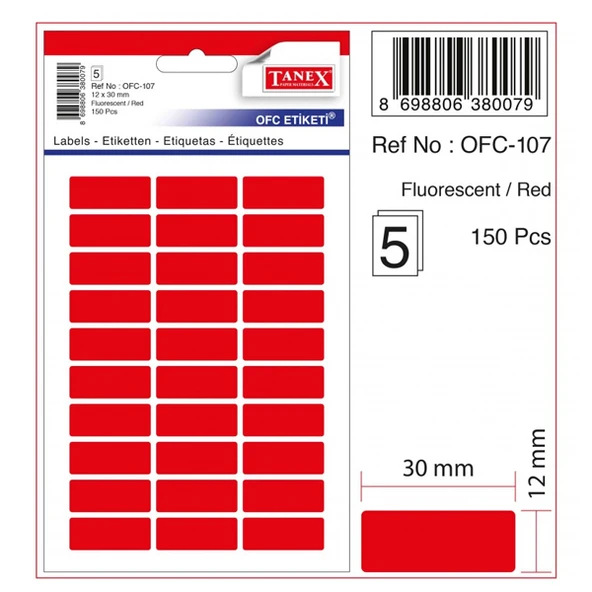 Tanex Ofis Etiketi Poşetli 12x30 Mm Fosforlu Kırmızı (10 paket)OFC-107 ürün görseli 1