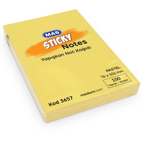 Mas Yapışkanlı Not Kağıdı 100 SY 76x102 Pastel Sarı (12 li)3657 ürün görseli 1