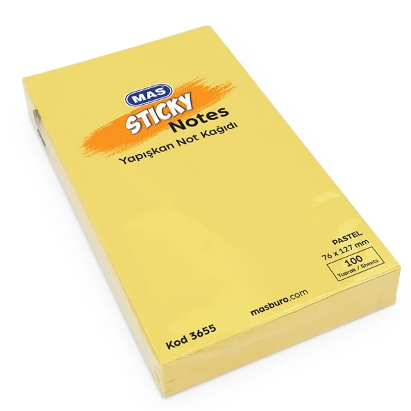 Mas Yapışkanlı Not Kağıdı 100 SY 76x127 Pastel Sarı (12 li paket) 3655 ürün görseli 1