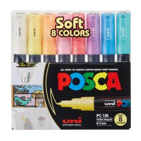 Uni-Ball Posca 0.7 Su Bazlı Poster Markörü Soft Renk 8 Li PC-1M/8C ürün görseli 1