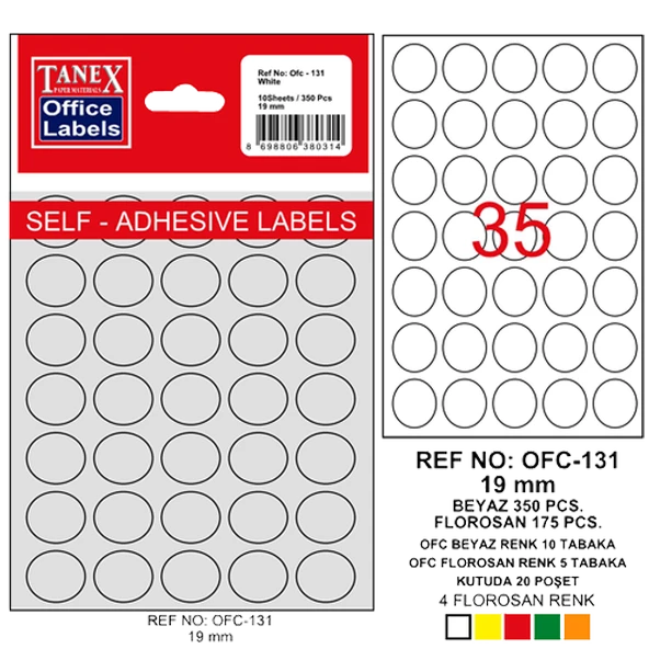 Tanex Ofis Etiketi Poşetli Yuvarlak 19 Mm Beyaz  (10 paket)OFC-131 ürün görseli 1