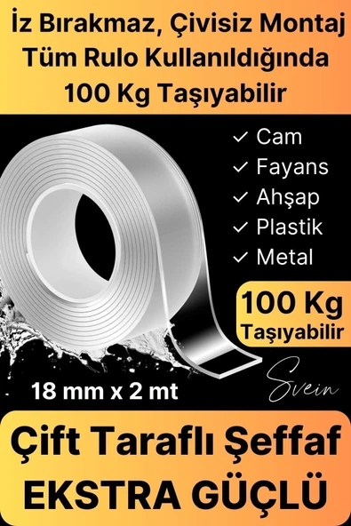 100 Kg Çift Taraflı Ekstra Güçlü Çok Amaçlı Tamir Silikon Bant Dış Mekan Montaj Bandı 18 Mm X 2 Mt ürün görseli 1