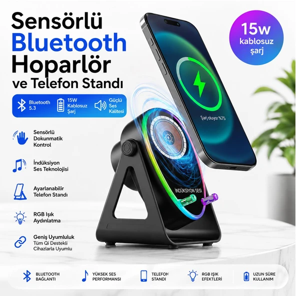 Sensörlü Bluetooth Hoparlör Telefon Standı RGB Işıklı Kablosuz Şarjlı Katlanabilir Siyah ürün görseli 1