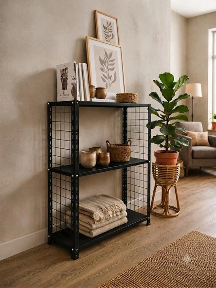 3 Katlı Renkli Tel Kafesli Dekoratif Çelik Raf - Çiçeklik rafı, Ofis Rafı 0,70 mm  Mavi 43x60 cm 100 cm ürün görseli 1