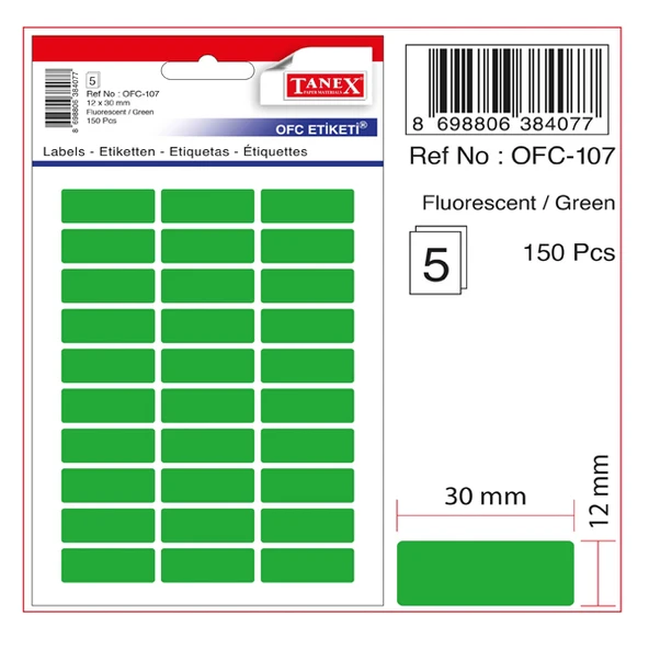 Tanex Ofis Etiketi Poşetli 12x30 Mm Fosforlu Yeşil (10 paket)OFC-107 ürün görseli 1