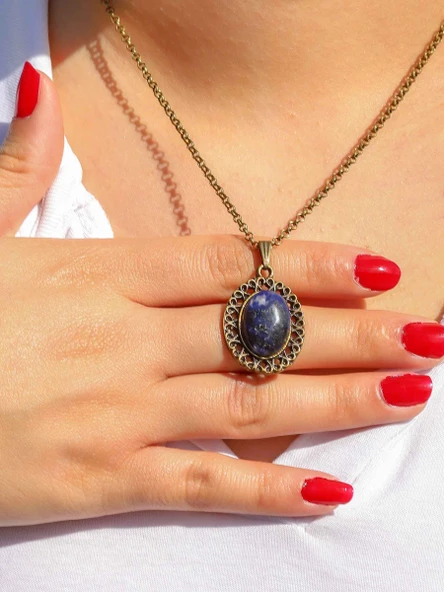 Doğal Taş Lapis Doğal Taşlı Antik Kadın Kolye euk34lps ürün görseli 1