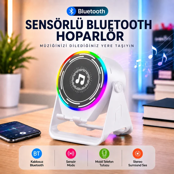 Sensörlü Hoparlör Bluetooth Beyaz Hoparlör Telefon Standı RGB Işıklı Kablosuz  Mobil 2’si 1 Arada ürün görseli 1