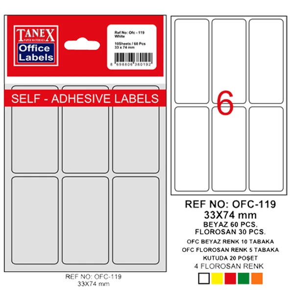 Tanex Ofis Etiketi Poşetli 33x74 MM Beyaz OFC-119 (10 lu paket) ürün görseli 1
