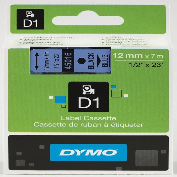 Dymo D1 Şerit Standart 12 MMx7 MT Mavi Üzerine Siyah 45016 ürün görseli 1