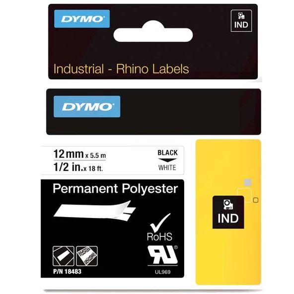 Dymo Rhino Pro Etiketi Plastik Sabit 12 MMx5.5 MT Beyaz Üzerine Siyah 18483 ürün görseli 1