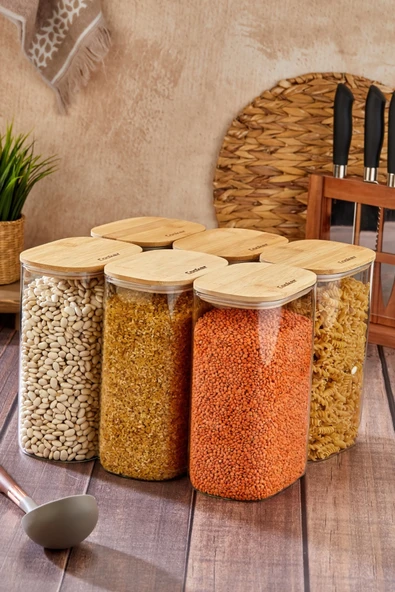 Cooker 6'lı 2.5 Litre Borosilikat Cam Bambu Kapaklı Kavanoz CKR4552 ürün görseli 1