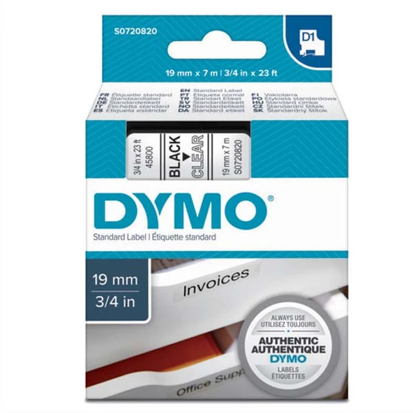 Dymo D1 Şerit Standart 19 MMx7 MT Şeffaf Üzerine Siyah 45800 ürün görseli 1