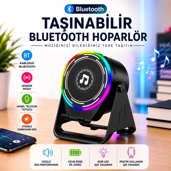Hoparlör Bluetooth Hoparlör A3 Sensörlü Telefon Standı RGB Işıklı Kablosuz 2’si 1 Arada Siyah ürün görseli 1