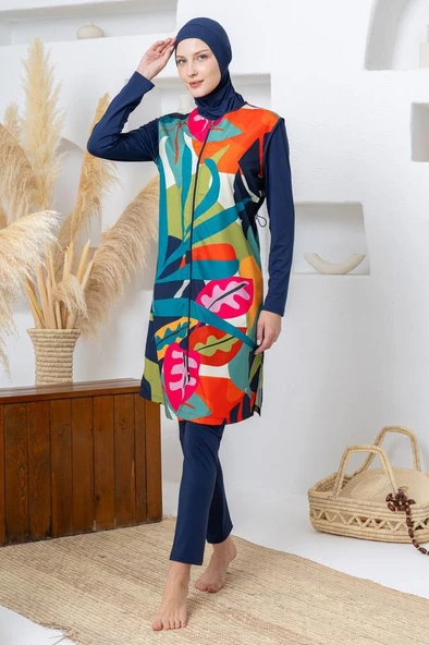Maresiva 262307 Lorenzo Jileli Lycra Uzun Kollu  Lacivert Dijital Desen Tesettür Mayo ürün görseli 1