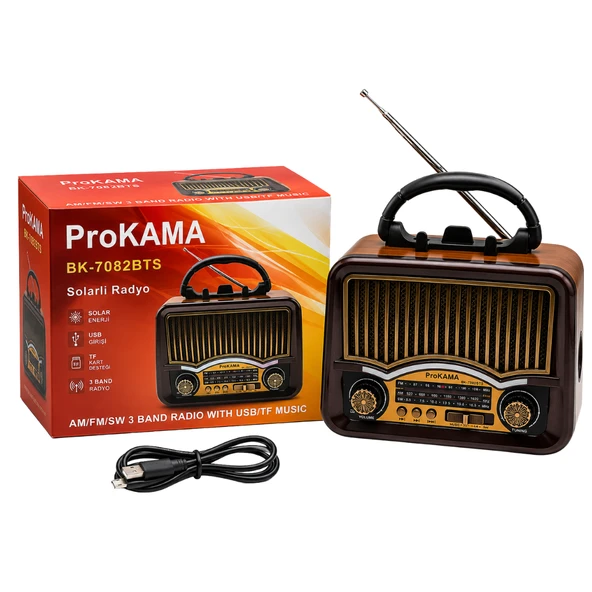 ProKAMA BK-7082BTS Solar Enerjili Şarjlı Nostaljik Retro Radyo ürün görseli 1